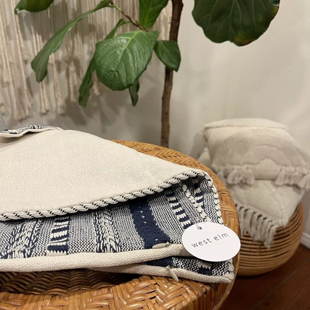New West Elm Set 2 Navy Blue Boho Embroidered Throw Pillow Case Cover Sham 18x18 - Picture 9 of 9